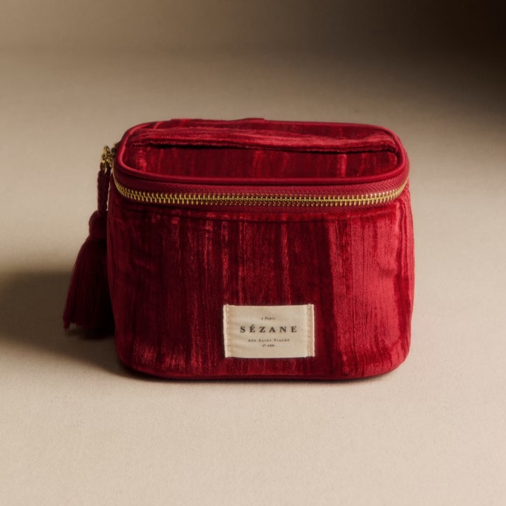 Sezane velvet vanity case  and red velvet hair scrunchie
